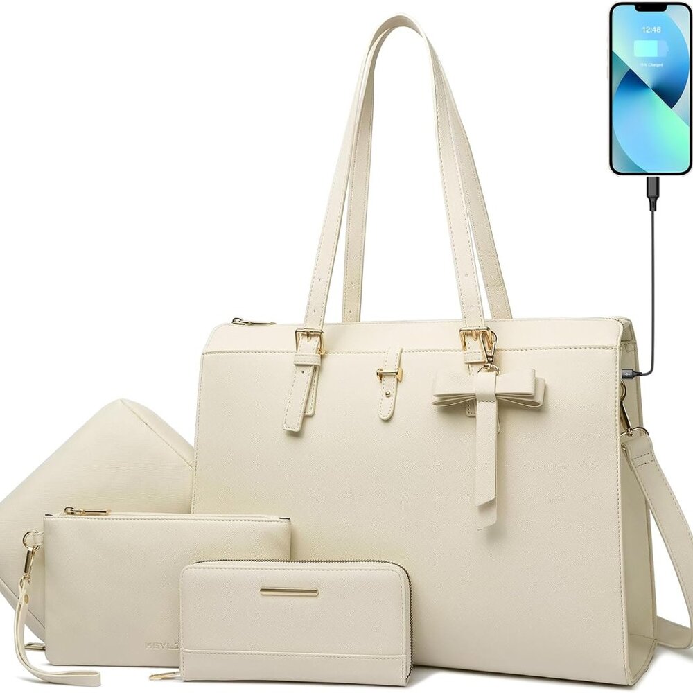 4pc Sets Laptop Bag for Women Large Leather Laptop Briefcase with USB Charging P